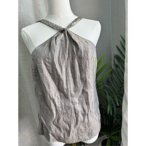 Vera Wang Lavender Label Silk Metallic Beaded Strap Taupe Blouse Top  Sz 6 Small
